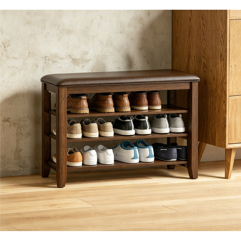 Shoe Storage Bench With Leather Cushion, Shoe Organizer Bench For Entryway, Walnut