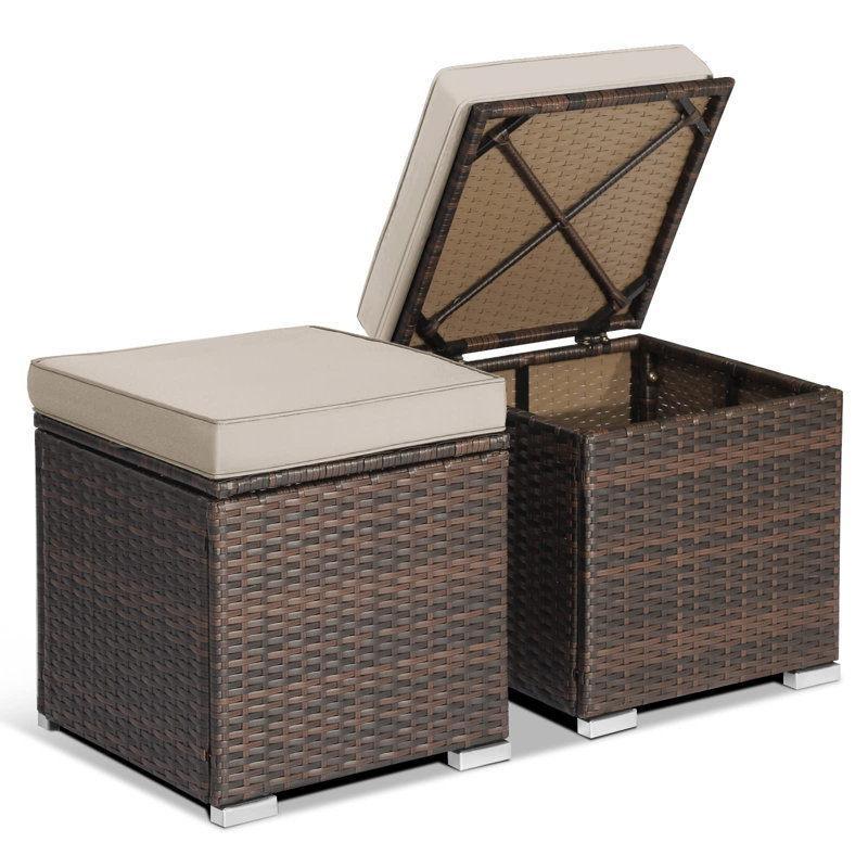 2-Pieces Patio Ottoman Set Outdoor Wicker Stool With Storage, Beige