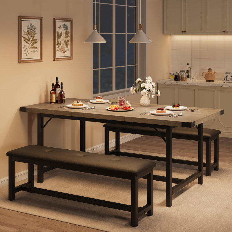 Dining Table Set for 4-6, 63" Extendable Wood Dining Room Table with Corner Protector & 2 Upholstered Benches, Kitchen Table Set for Apartment, Small Space, Easy Assembly