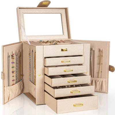 Large Leather Jewelry Box Organizer With Mirror - Multi-Layer Storage Case For Rings, Necklaces, Earrings, Bracelets, And More - Durable Design With Pull-Out Drawers And Hidden Cabinets