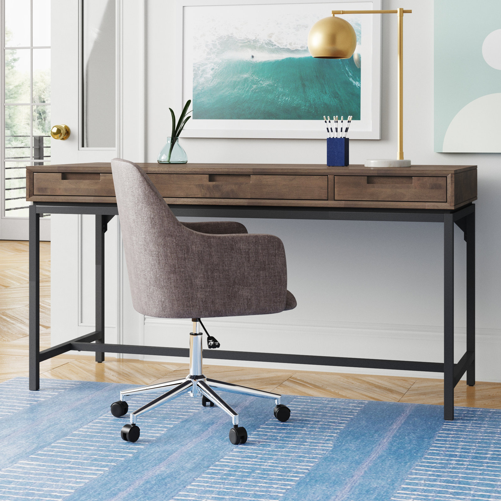 Lars Writing Desk, Walnut Brown/Black, 31.50" H x 60" W x 24" D