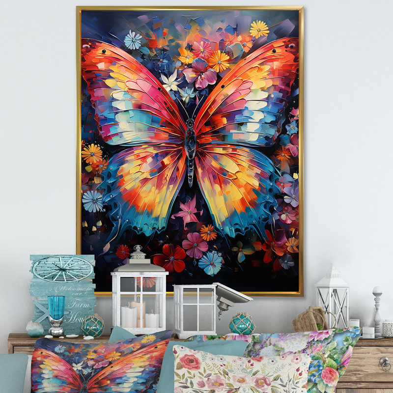 Butterfly Fauvist Flutter II, reproduction d'art sur toile, Cadre flottant doré, 44" H x 34" W