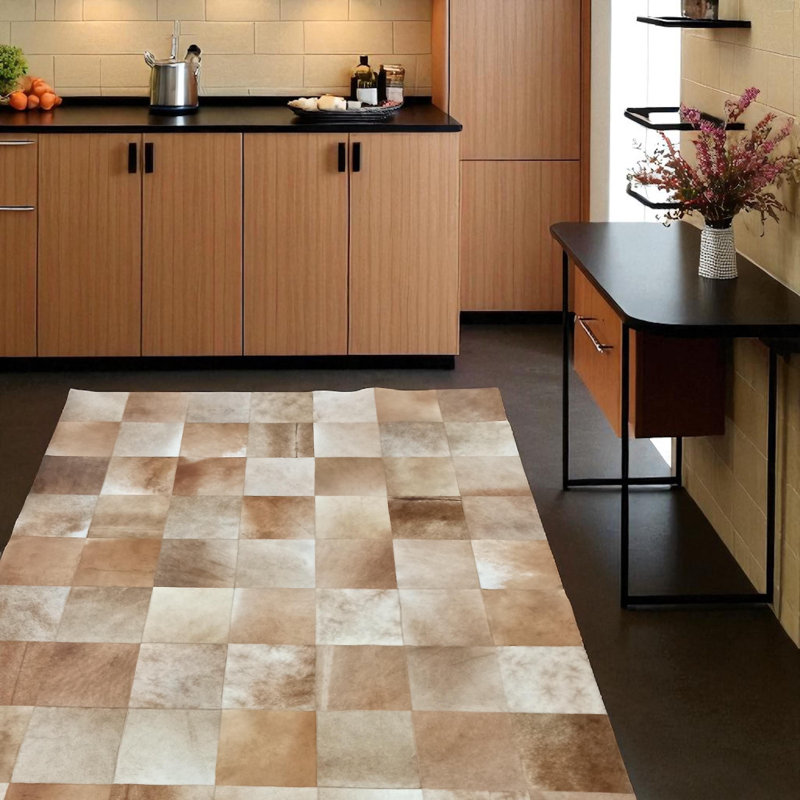 Tapis beige en peau de vache patchwork, tapis en cuir naturel pour le salon ou le bureau, Rectangle 10 pi x 14 pi