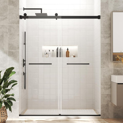 Porte de douche double coulissante moderne sans cadre de 44 à 48 po x H 76 po en verre trempé et quincaillerie en acier inoxydable, noir mat