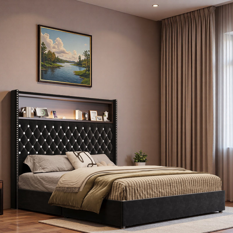 Lit capitonné en velours avec port USB, veilleuse et tête de lit haute Rivet, Noir, noir, noir, noir, Grand lit