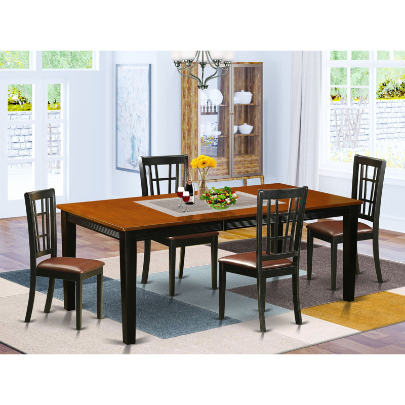 Ensemble de table de salle à manger 5 pièces moderne comprenant une table rectangulaire en bois avec feuille papillon et 4 chaises en similicuir, noir et cerise