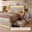 4ft6 Double Bed Frame with RGB LED Lights, Upholstered Linen Double Storage Bed with 4 Drawers & Charging Station, Tufted Headboard Platform Bed, No Box Spring Needed-894266880-894266882