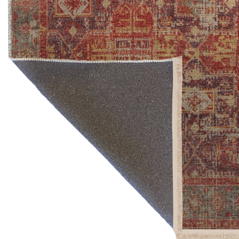 Tapis décoratif rouge à motif géométrique multicolore à motif rouge, Tapis de couloir 2 pi 8 po x 6 pi 7 po