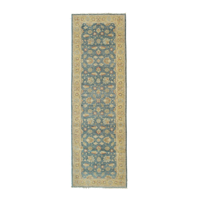 Tapis de couloir traditionnel violet en laine noué à la main bleu Agra bleu / doré 3 pi 1 po x 9 pi 11 po
