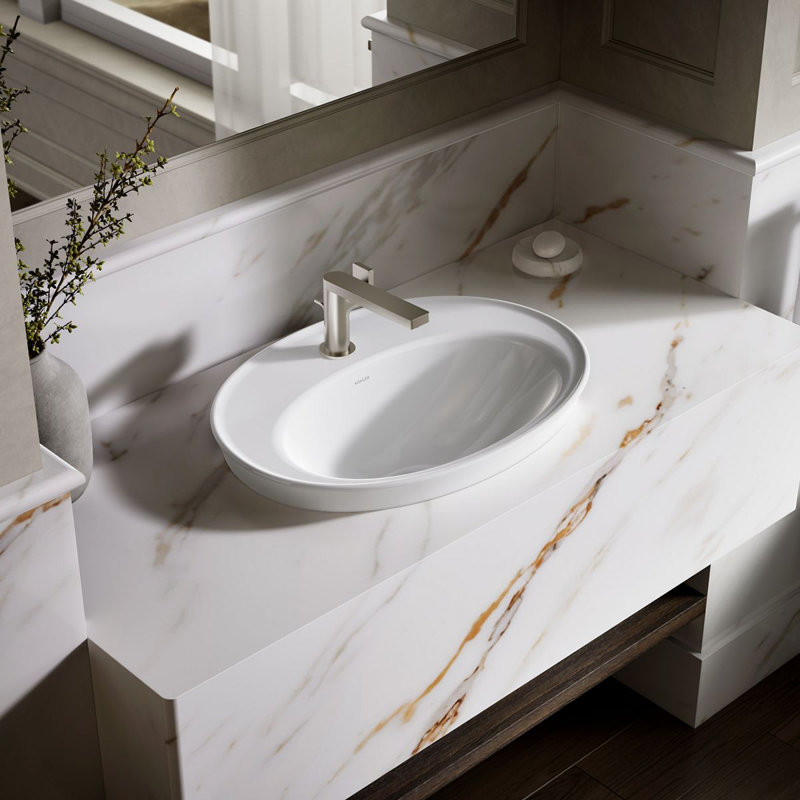 Serif Ceramic Oval Drop-In Bathroom Sink with Overflow, Single, White