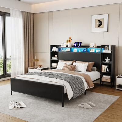 Très grande base de lit avec station de charge USB, tête de rangement et lumière DEL