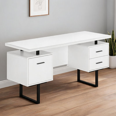 Bureau d'ordinateur blanc pour bureau à domicile avec tiroirs de rangement réversibles, 60 po de long, base en métal moderne en U