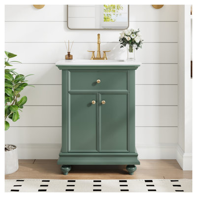 Meuble-lavabo vert 24 po avec comptoir en céramique, tiroir basculant et portes à fermeture en douceur