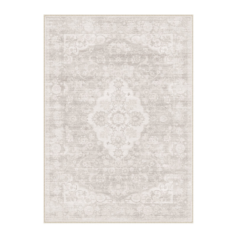 Vintage Medallion Machine Washable Area Rug With Non-Slip Backing, Rectangle 9' x 12', Beige