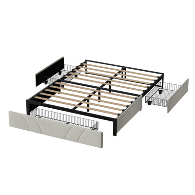 Upholstered Bed Frame with 3 Storage Drawers and Wood Slat Support