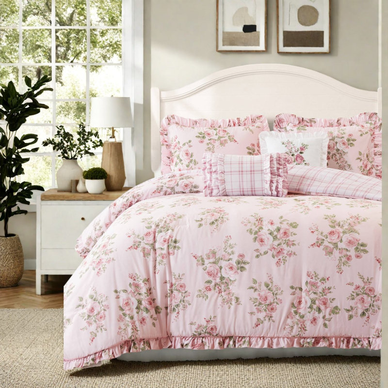 Ensembles de literie à motif floral rose, édredon simple / simple en microfibre XL, chambre de style chalet