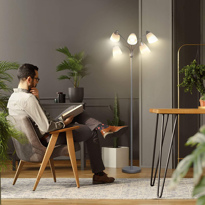 Medusa 74 in. Modern 5-Light Height Adjustable Gooseneck LED Floor Lamp with 5 Cone Shades