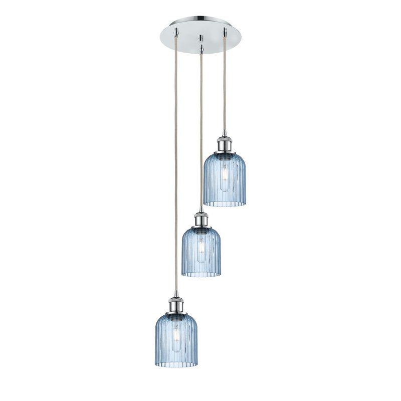 Luminaire suspendu en grappe à 3 lumières Fiennes, Chrome poli, Bleu princesse