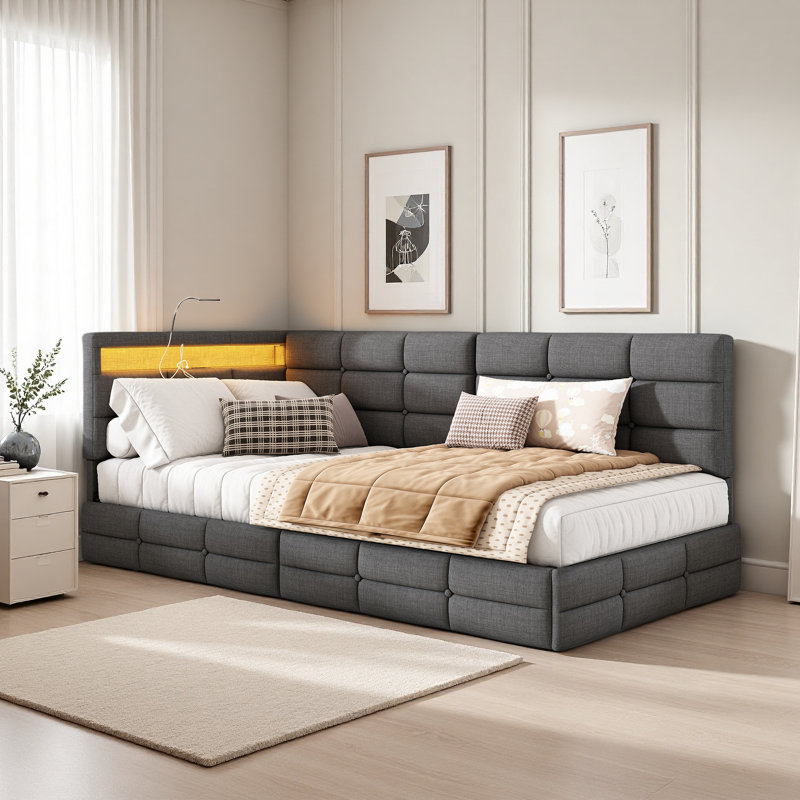 L-Shaped Upholstered Daybed with 2 Drawers, Grey