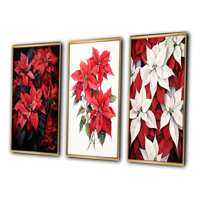 «Poinsettia Flower Noir», 3 pièces sur toile, Cadre flottant doré, H 20 po x l 36 po