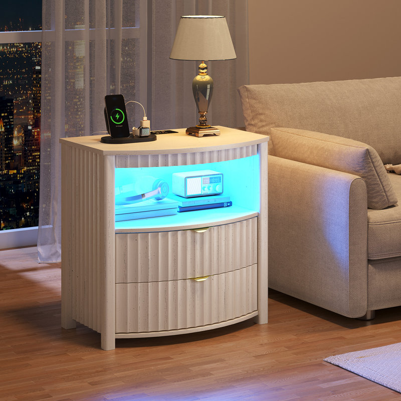 Fluted Curved Bedside Table with Human Sensor Light, Charging Station, White