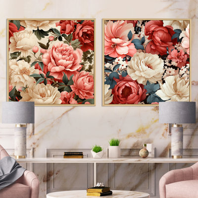 Motif floral rétro rose II - ensemble de 2 collages floraux carrés