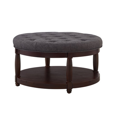 Large Round Upholstered Tufted Linen Ottoman Coffee Table, Large Footrest Ottoman With Wood Shelf Storage- Dark Gray