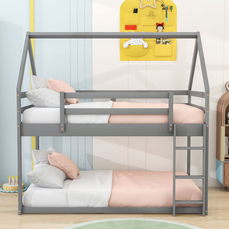 Twin Over Twin Bunk Bed With House-Shaped Frame And Ladder, Grey