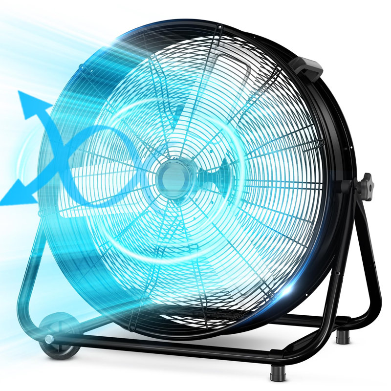24 po Ventilateur industriel à grande vitesse à 3 vitesses avec roues et inclinaison réglable en noir, Noir