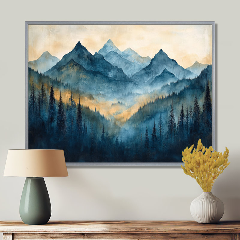 «Mountains Natures Layers In Blue Winter II», art encadré, H 16 po x l 32 po, Floater Framed, Natural
