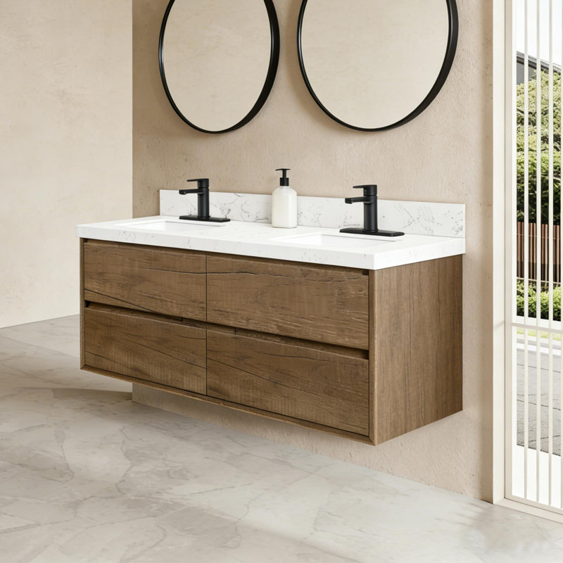 Meuble-lavabo flottant peu encombrant, Chêne foncé, 60"