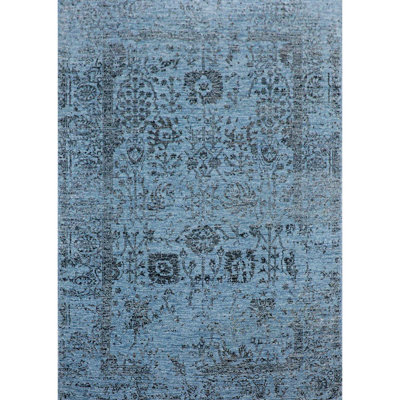 Tapis bleu clair et noir noué à la main de haute qualité