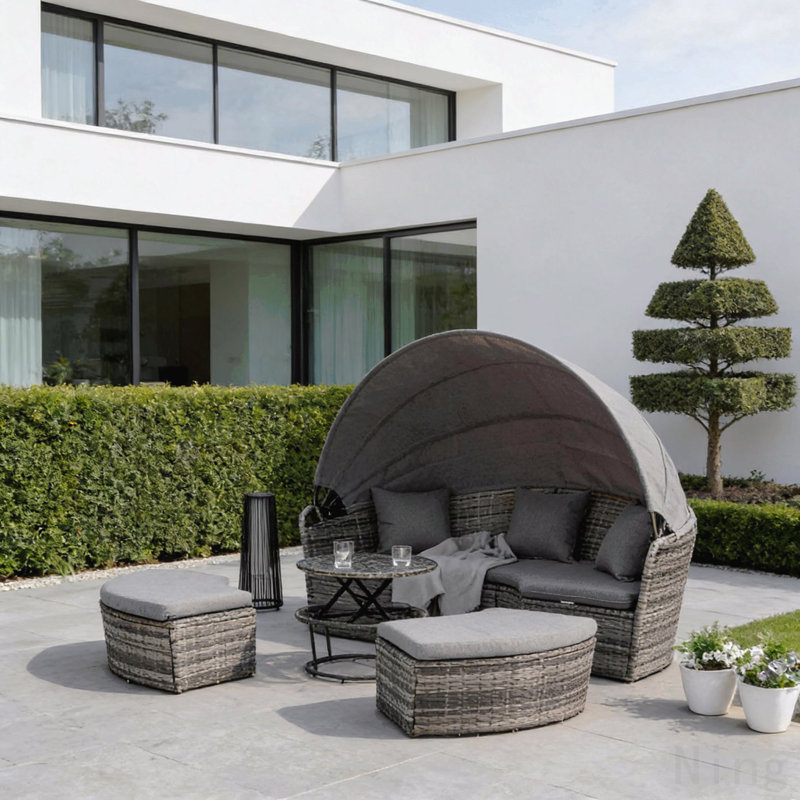 Ensembles de salle à manger convertibles gris pour le patio, rotin et lit de jour extérieur en acier pour recevoir