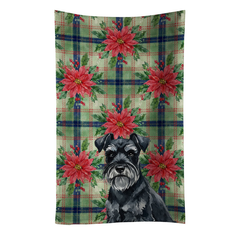 Black Miniature Schnauzer Christmas PoinsettIas Kitchen Towel, Black Miniature Schnauzer