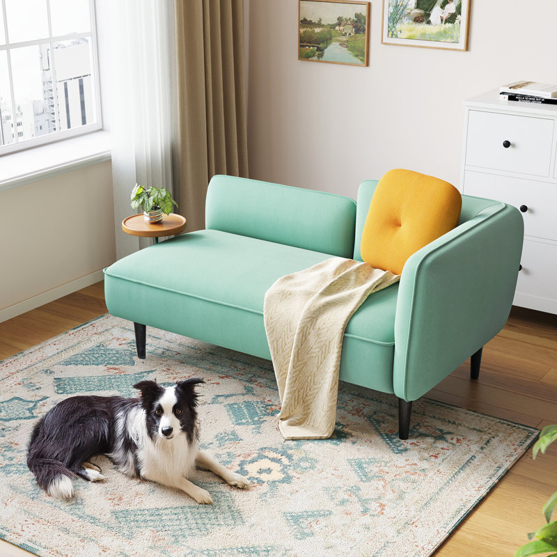 Batya Mid-Century Modern Loveseat with Movable Side Table & Comfortable Foam Seating, Teal Linen