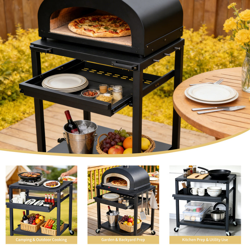 30" Outdoor Pizza Oven Table with Storage Cabinet, Stainless Steel Grill Cart with Wheels, Outdoor Kitchen Prep Table for BBQ & Patio Cooking