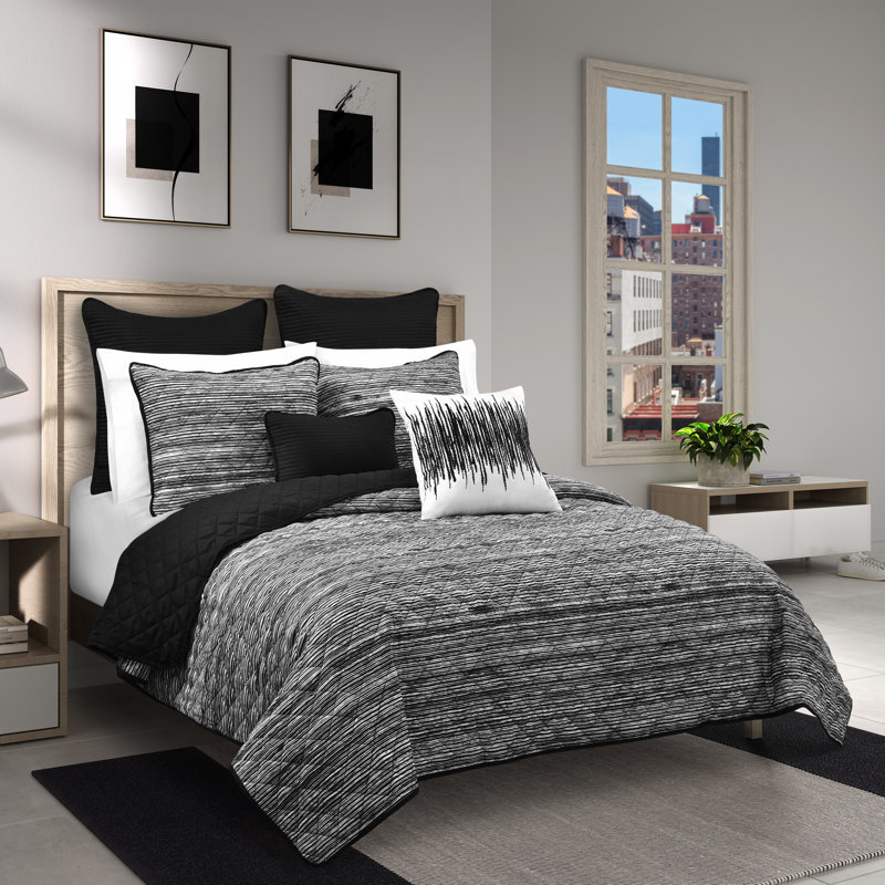Dalton 2 pièces Ensemble de courtepointe noir, Courtepointe pour lit simple + 1 taie décorative 