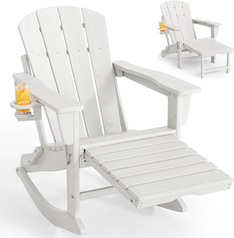 Chaise berçante pliante avec repose-pieds rétractable Adirondack - PEHD texturé bois, porte-gobelet pour patio, Blanc