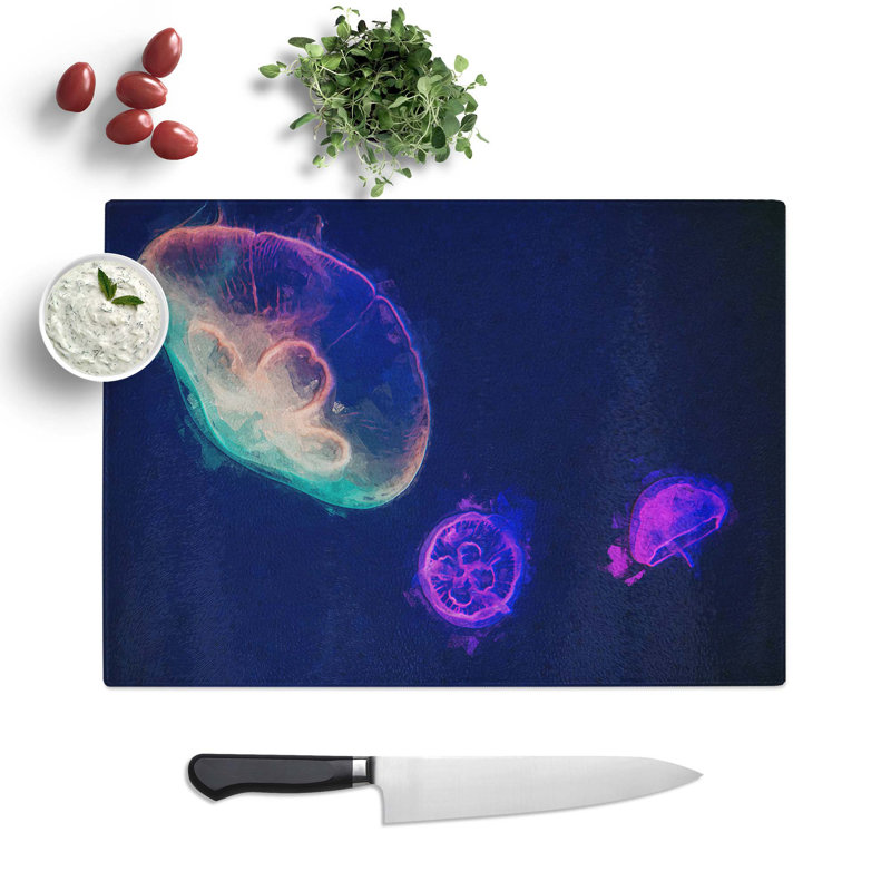 Tempered Glass Neon Jellyfish Chopping Board, 28.5 cm W x 20 cm L