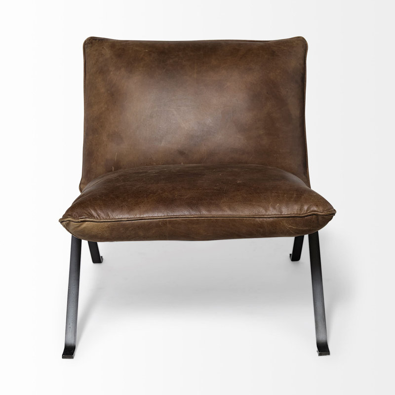 Upholstered Slipper Chair, Brown Genuine Leather, Black