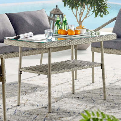 Windham All-Weather Wicker Outdoor 26 in. H Cocktail Table w/ Glass Top - Modern Weatherproof Patio Furniture for Indoor and Outdoor Use - Includes 2-Seat Bench Armchair and Bench Cushions