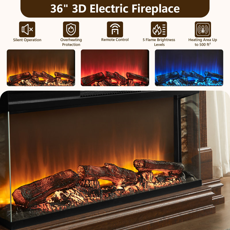 52" Electric Fireplace With Mantel, Fireplace Tv Stand With 36" 3-Sided Glass Electric Fireplace Heater For Living Room