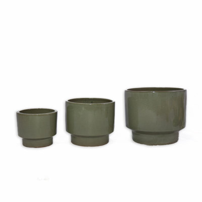 3 Pieces Ceramic Flowerpot, Modern Planter for Patio, Garden or Windowsills - Antique Light Green Finish