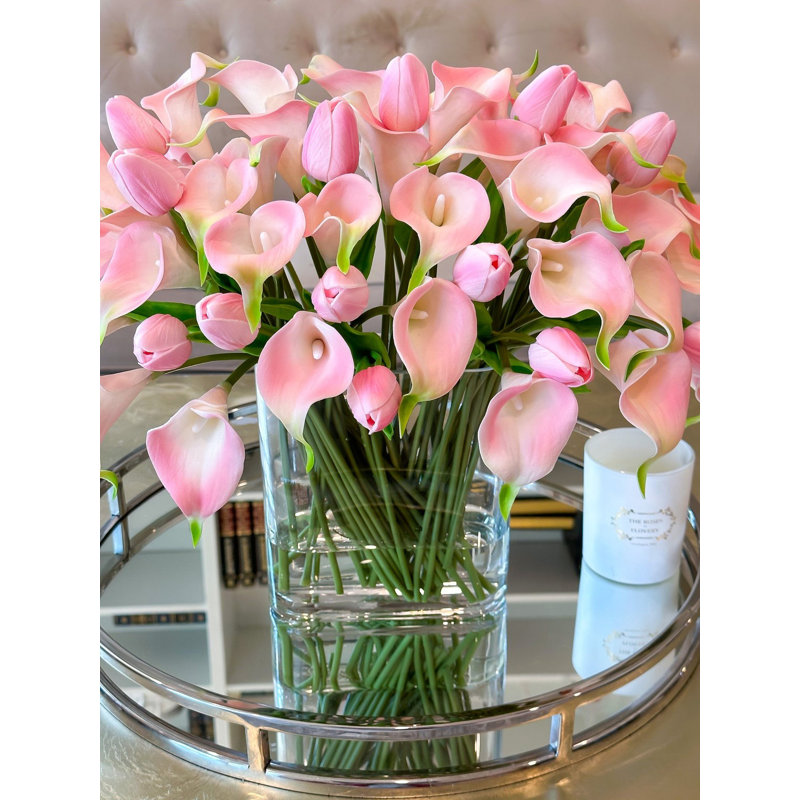 Pink Calla Lilies & Tulips Faux Floral Arrangement In Glass Vase