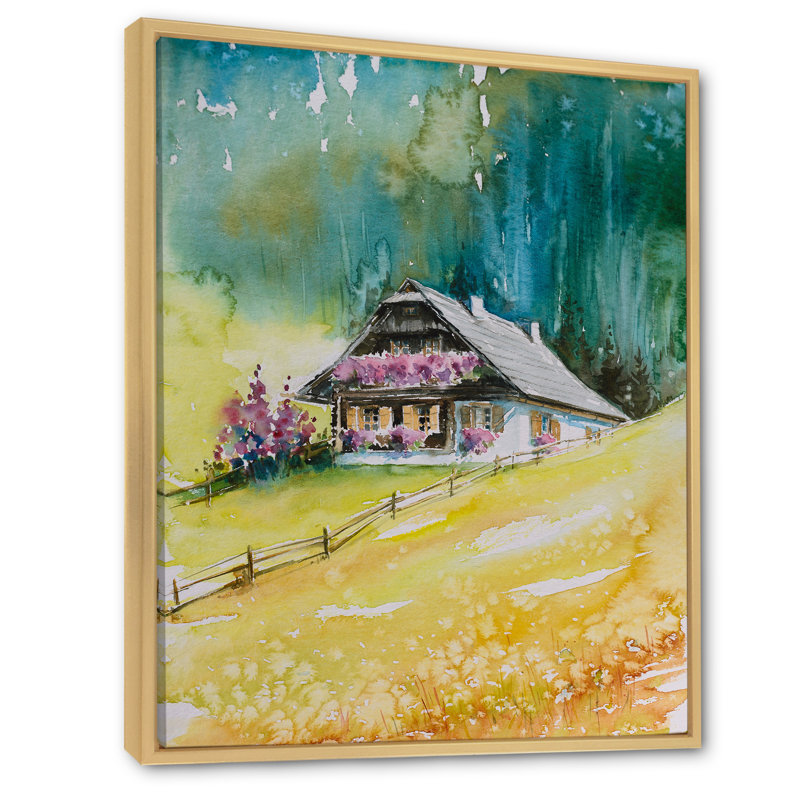 Alpine House On Green Mountains - peinture sur toile, Cadre flottant en érable, H 20 po x l 12 po