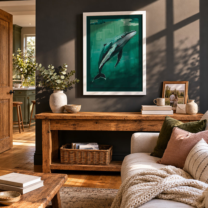 Whale in Motion Coastal - Framed Print, A3 - 42.0 x 29.7 cm, White
