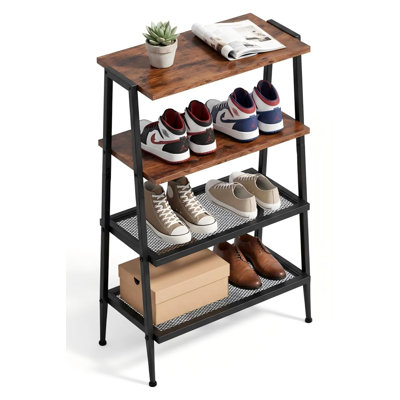 Étagère à chaussures en forme de A, 4 niveaux, pour 8 paires, plateau en bois, étagères en maille, étagère à chaussures compacte pour entrée.