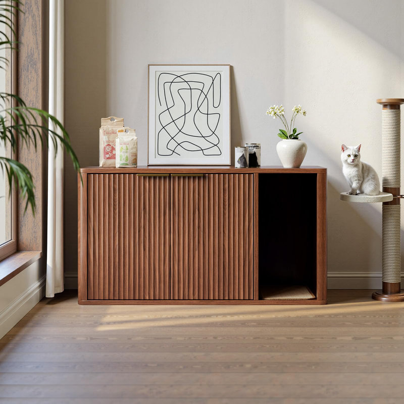 Enceinte de litière pour chat 35,4 "en noyer avec entrée frontale, grande armoire à litière cachée pour le salon, la chambre à coucher