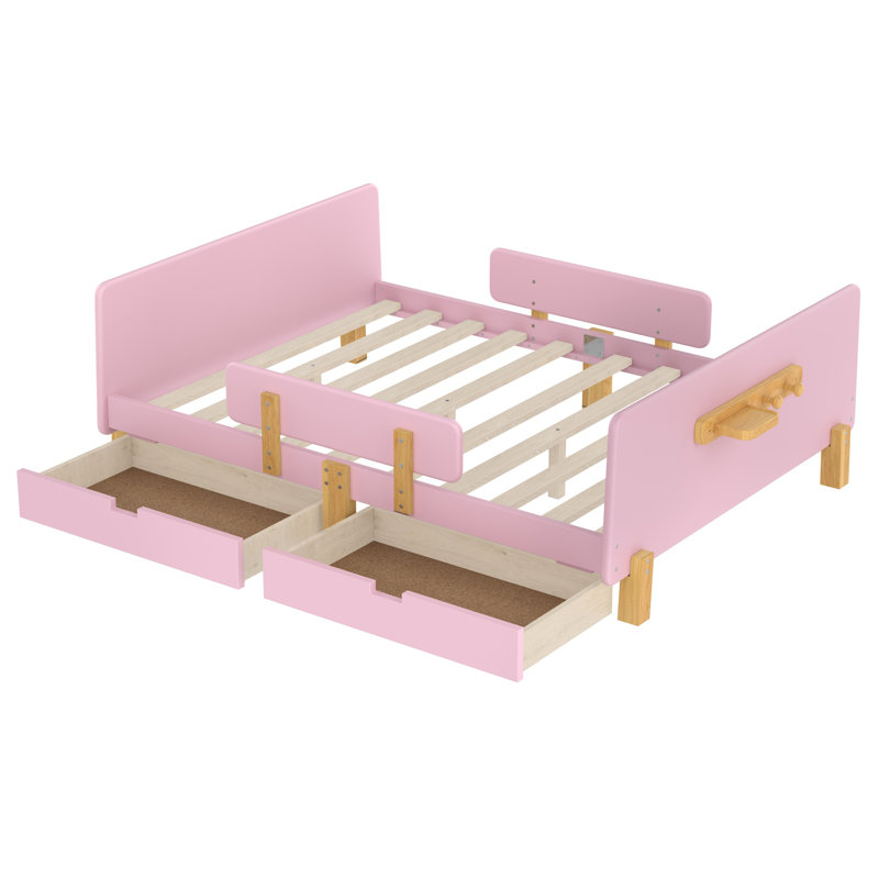 Lit plateforme double avec tiroirs de rangement, structure de lit en bois massif avec garde-corps, petite tablette et crochets, aucun sommier requis, rose