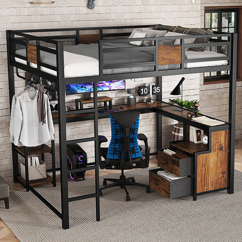 Grand lit mezzanine avec bureau et tiroirs en tissu non tissé, cadre de lit mezzanine en métal avec échelles